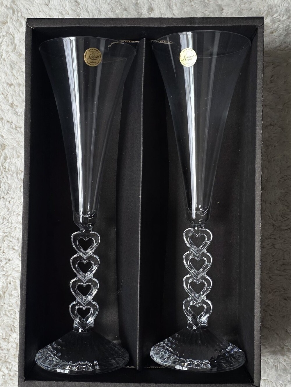 2 Cristal D’Arques Forever Heart Champagne Flutes 10" Lead Crystal 6 1/4 oz